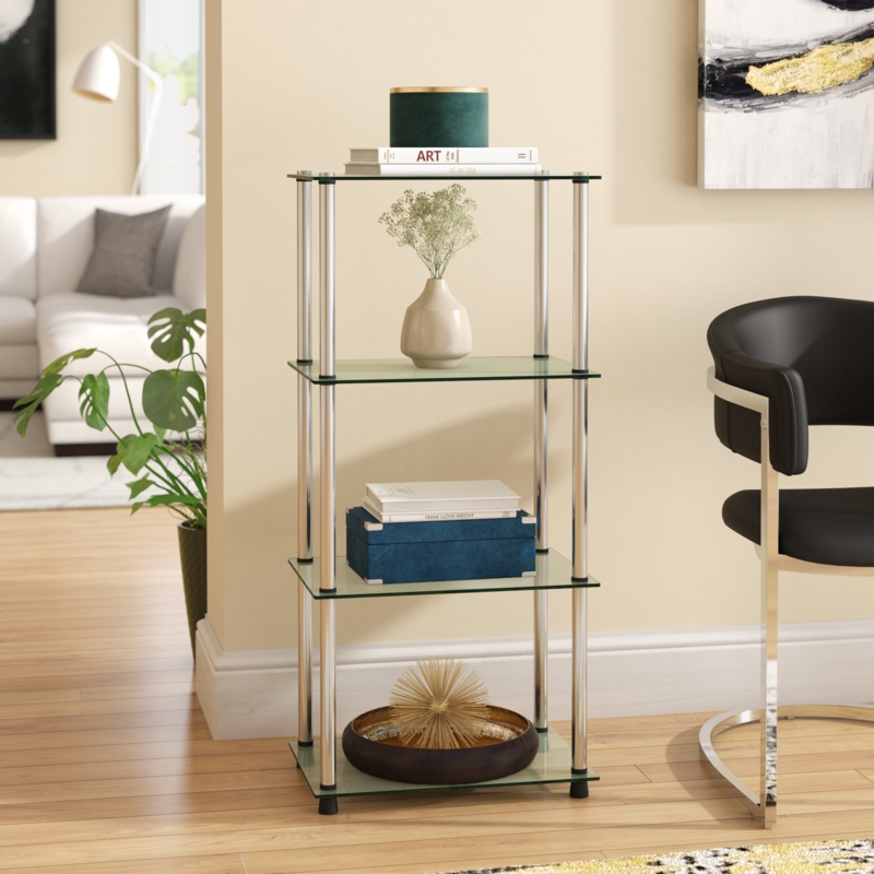 Beckett Etagere Glass Bookcase with Metal Poles