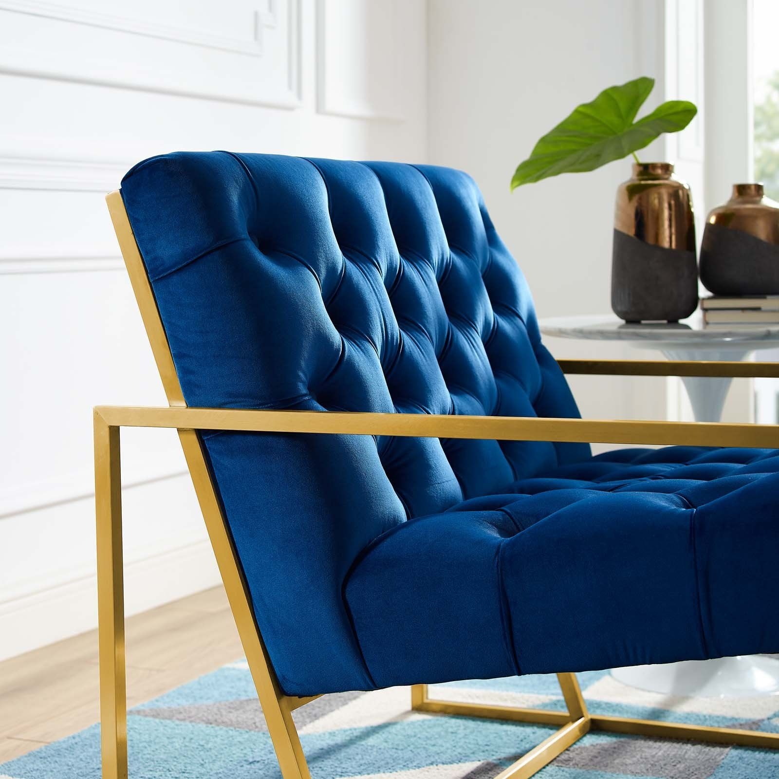 Bequest Gold Stainless Steel Performance Velvet Accent Chair in Navy