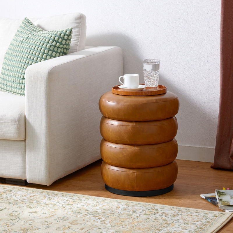 Berdi 15.5" Wide Genuine Leatherette Round Storage Ottoman