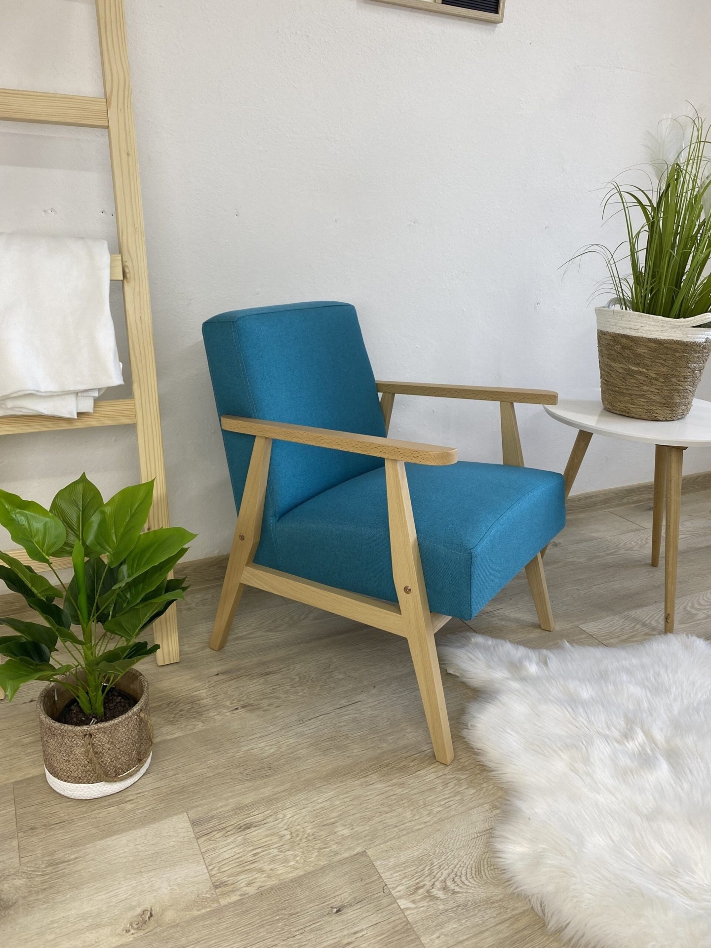 Blue low-slung wooden bahama armchair inspired by Polish chairs from the 1960-70s//Sessel//Poltrona//fauteuil//Vintage//Scandinavian