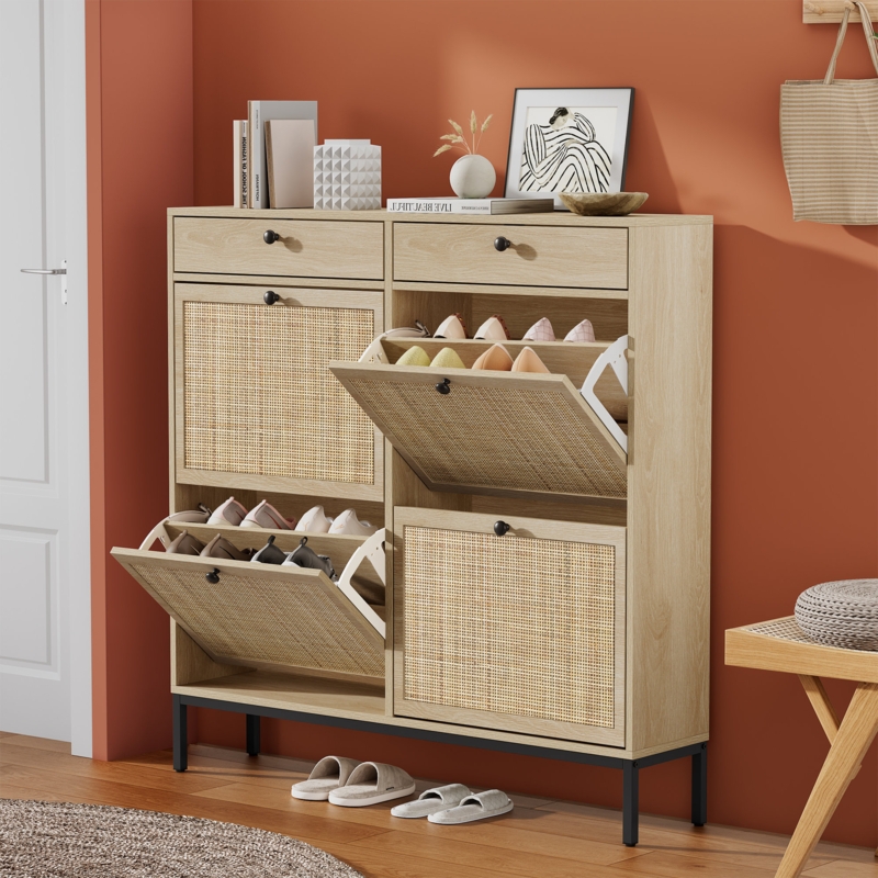 Boho Large Capacity Natural Rattan Shoe Storage Cabinet