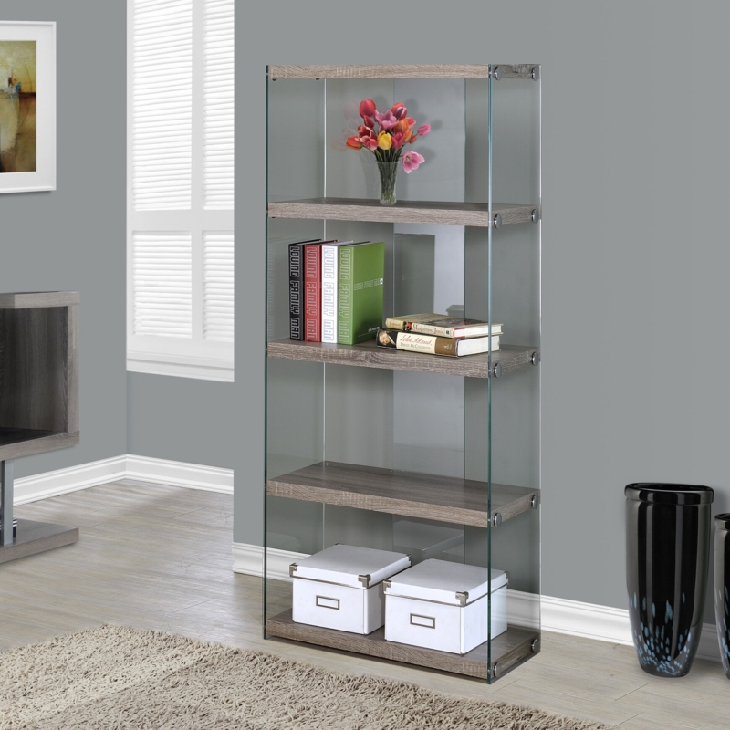 Bookshelf, Bookcase, Etagere, 5 Tier, 60"H, Office, Bedroom, Tempered Glass Clear Sides