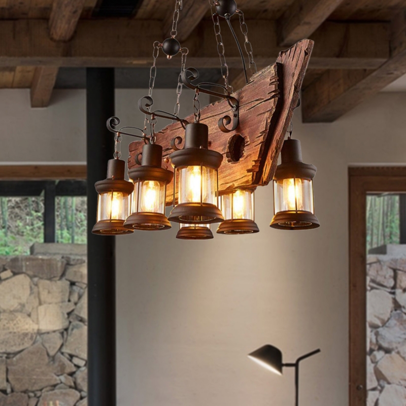 Brek 6-Light Dimmable Antique Boat Wood Pendant Lamp