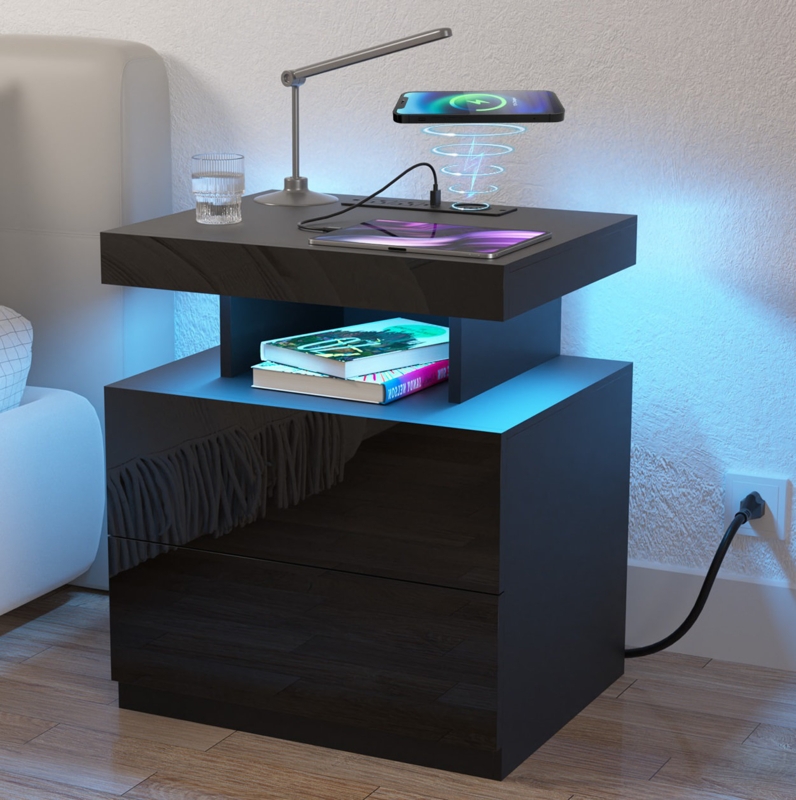 Brenard Manufactured Wood Nightstand with Wireless Charging Station, LED Light and 2 Drawers
