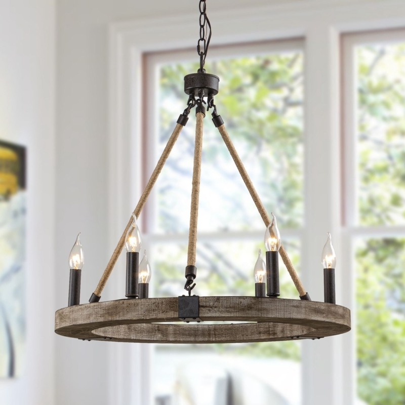 Chatsworth 6 - Light Wood Dimmable Wagon Wheel Chandelier