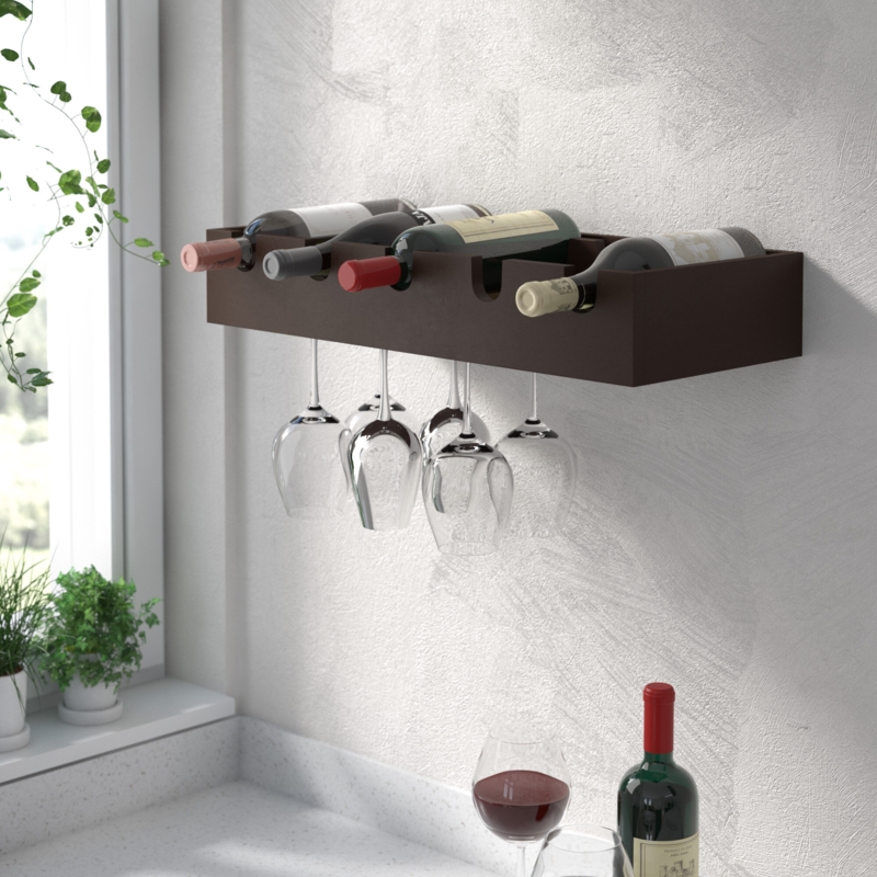 Cheever 5 Bottle Wall Mounted Wine Bottle u0026 Glass Rack in Espresso