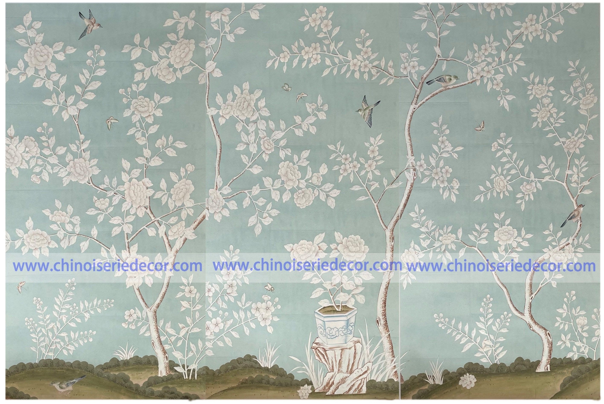 Chinoiserie Hand Painted Floral Wallpaper on Blue Tea Paper Panel