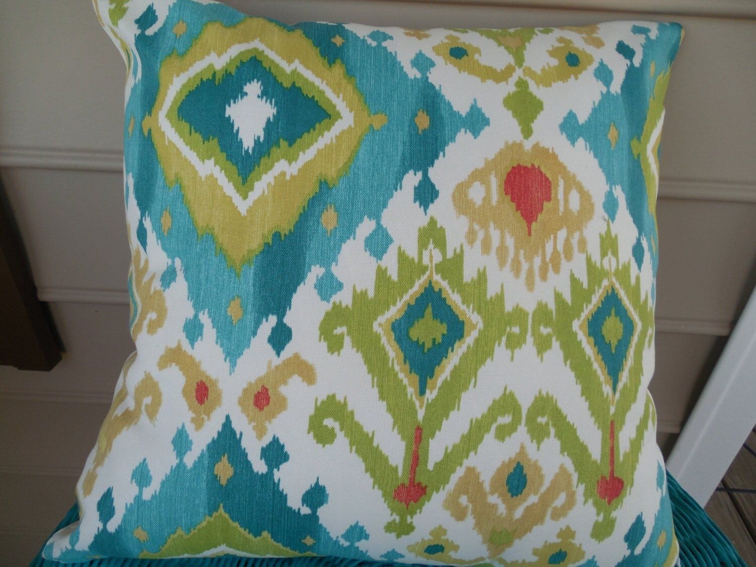 CLEARANCE Modern Ikat Outdoor Pillow Cover Patio Porch Decorative Throw Pillow Cushion Turquoise Teal Green Diamond