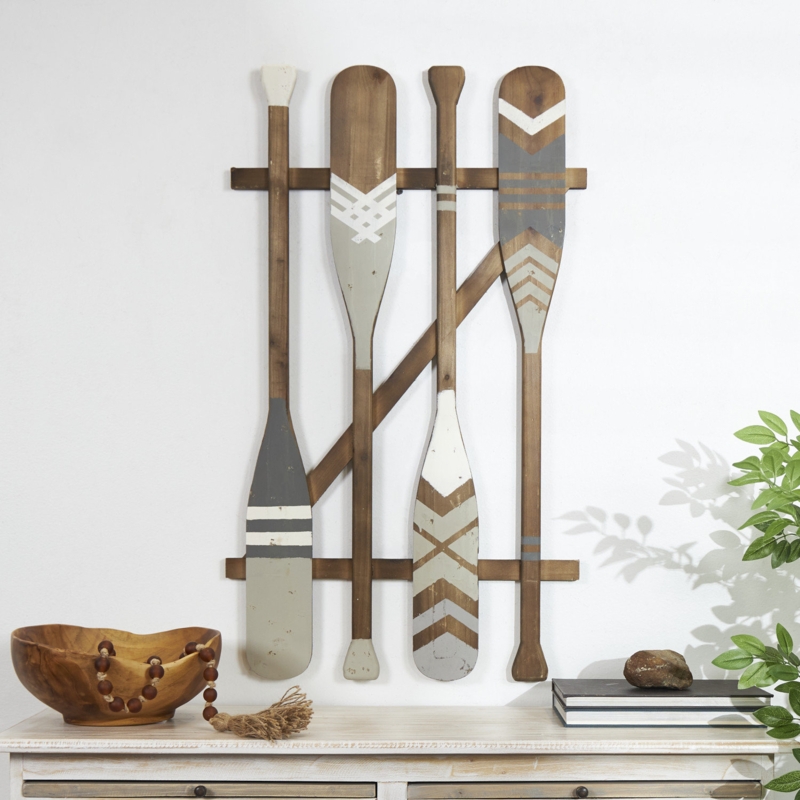 Coastal Wood Novelty Canoe Oar Paddle Wall Decor with Arrow and Stripe Patterns