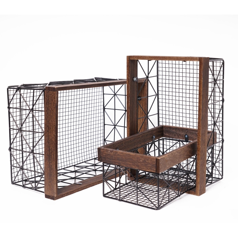 Contemporary 3 of Pieces Metal and Wood Basket Set