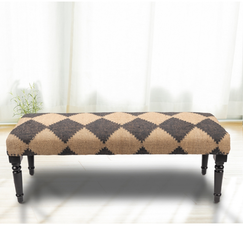 Covington Modern Country / Farmhouse Tan/Black Checkered Jute Handmade Upholstered Bench