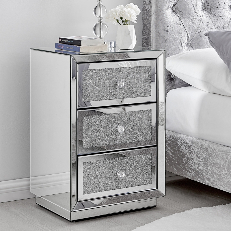 Crushed Diamond Mirrored 3 Drawer Nightstand - Luxury Bedside Table