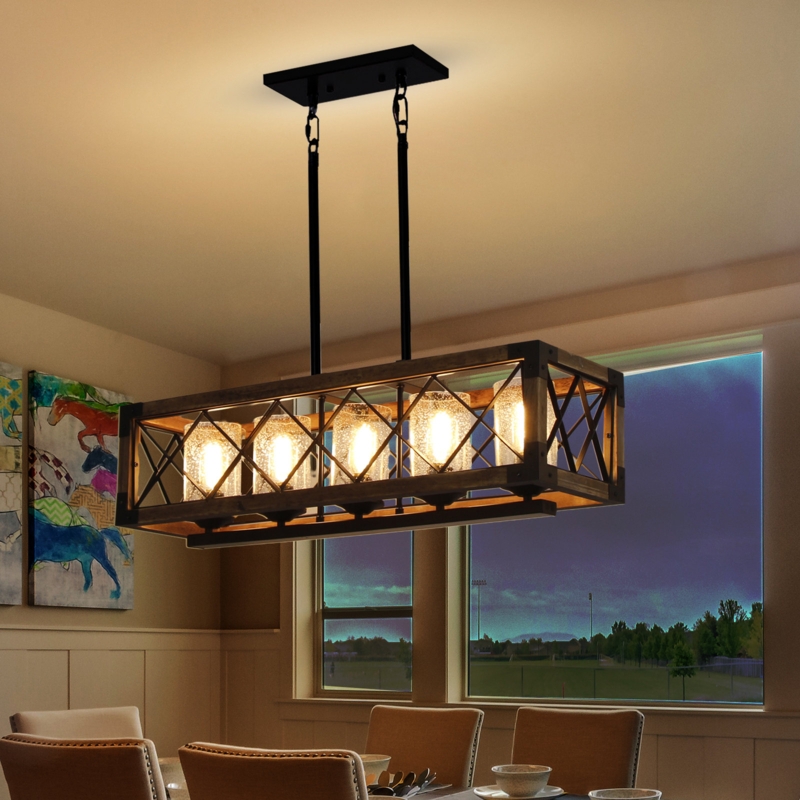 Daberechi Rectangle Wood Metal Pendant Light Kitchen Island Chandelier Vintage Ceiling Light Fixture 5 Lights with Glass Shade