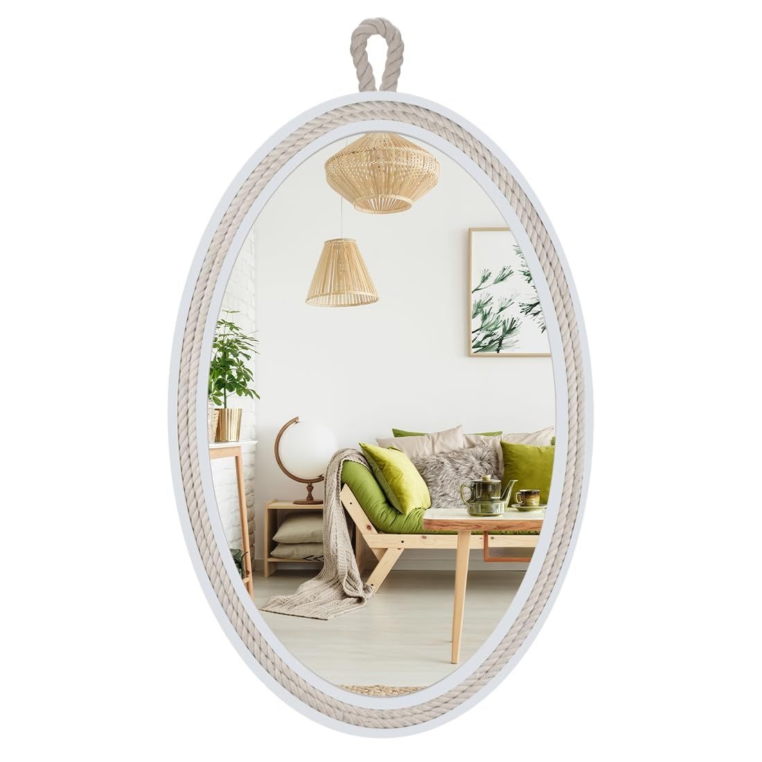 Decor Trends Farmhouse Wall Mirror Rope Mirror Decorative Mirror with Hanging Loop,Beach Nautical Mirror ,24 inches Lx16 inches W,Oval, White, Oval 24 inches Lx16 inches W