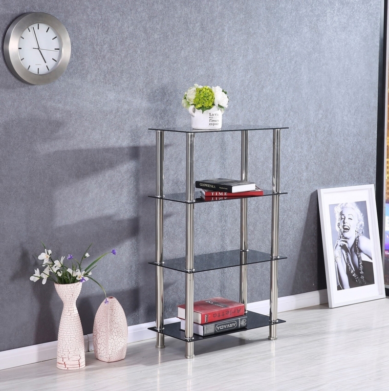 Decorative Shelves Glass 4 Tier Household Floor Storage, Compact Shelving Display Unit, Multi-use Home Organizer For Bath, Office, Bedroom, Living Room