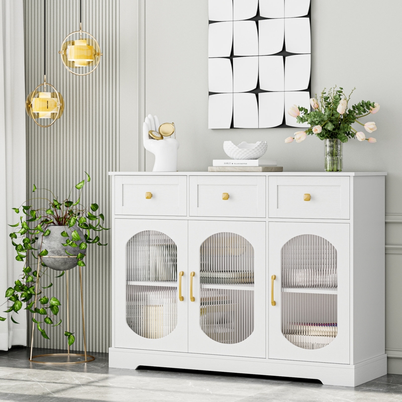Dorfman 47.2" Wide 3 Drawer Sideboard with Fluted Glass Doors, Adjustable Shelves