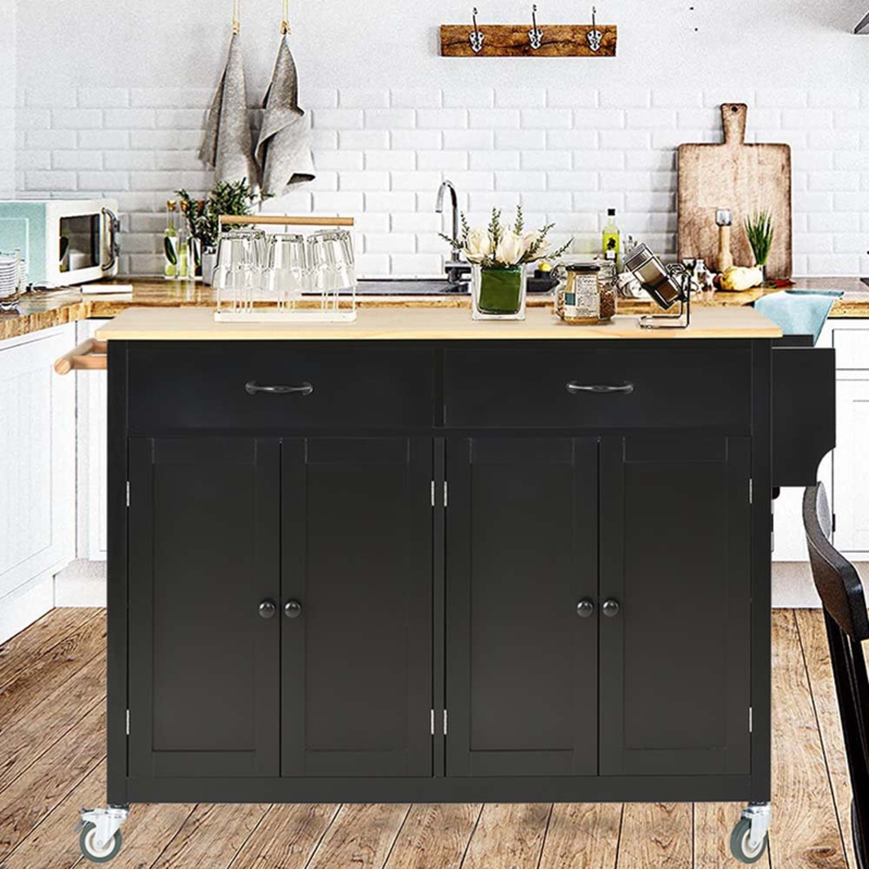 Eurel Kitchen Island Cart,with 4 Door Cabinet and Two Drawers and 2 Locking Wheels,Solid Wood Top