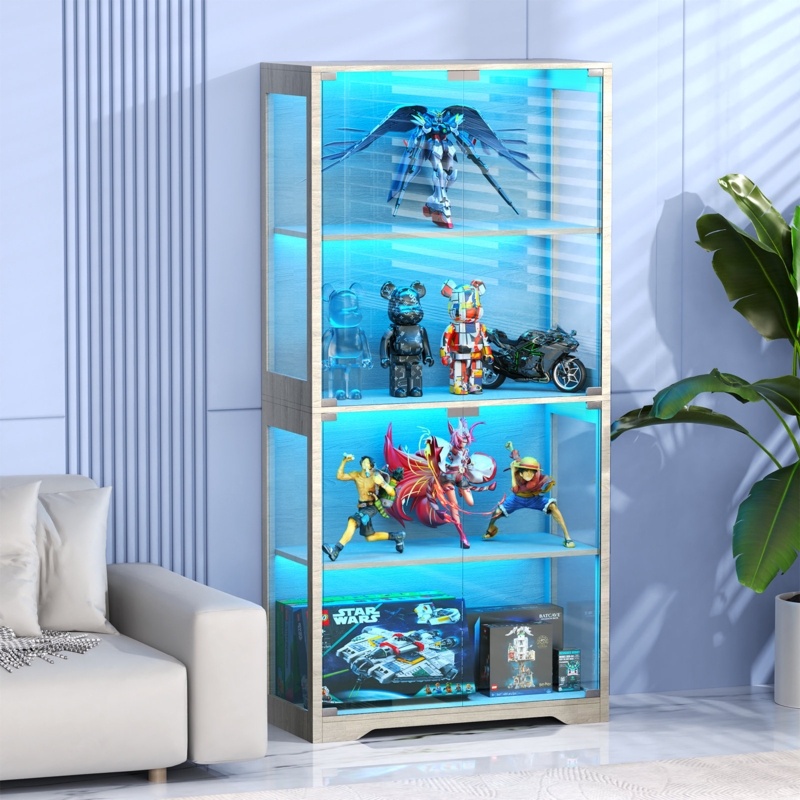 Genc 4-Tier Curio Display Cabinet with Glass Doors, Bookcase with 3 Color Light, Gray Wood