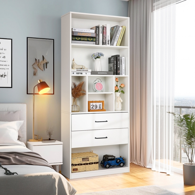 Giesa 71"H Modern White Bookcases Storage Bookshelf with 2 Drawers & 7 Open Shelves