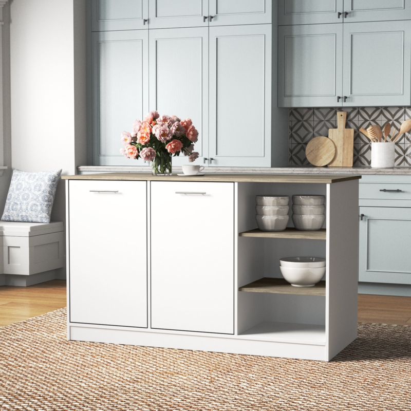 Ginger 59-inch Wide Kitchen Island with 3 Open Shelves and 2 Cabinets, White / Dark Brown