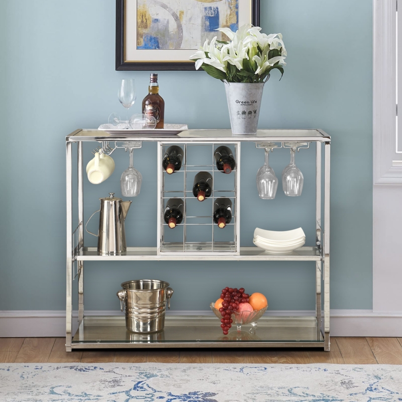 Glass Wine Rack Table with Glass Holdersu0026Wine Racks, 3-Tier Wine Bar Cabinet with Storage
