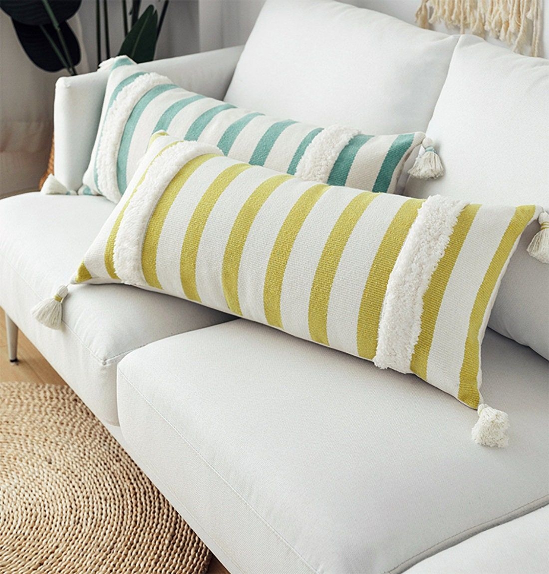 Handcrafted Tufted Striped Lumbar Throw Pillow with Tassels 14X32 Inch, Rectangle Cushion for Couch, Living Room, Bedroom, 2 Colors