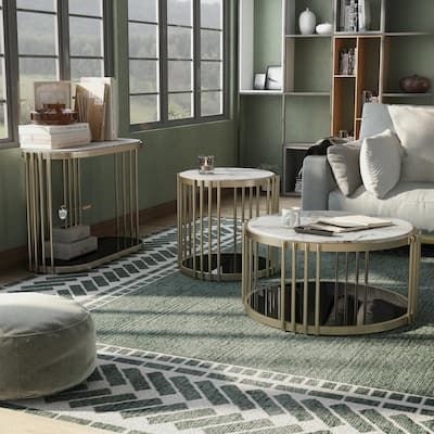 Hexalla 38 in. Antique Brass Plating and Glossy White Round Faux Marble 3-Piece Coffee Table Set