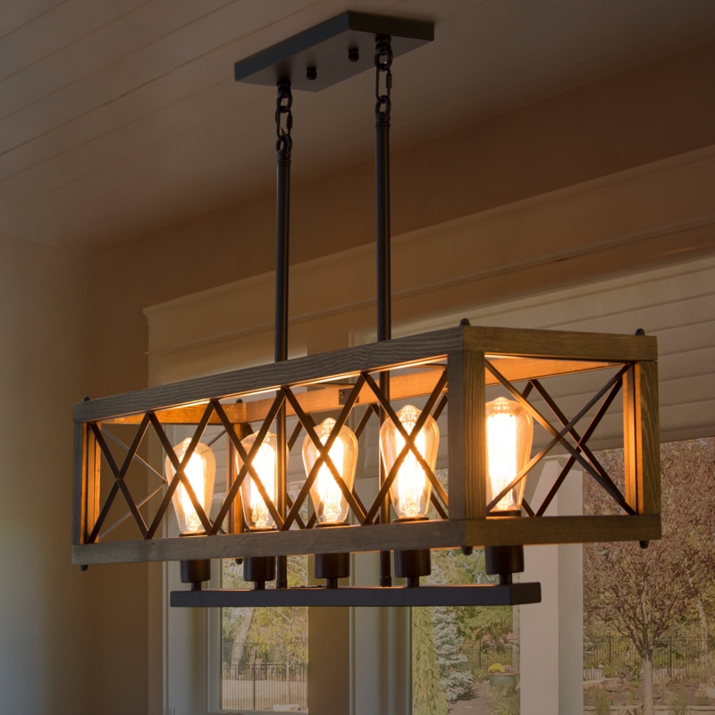 Holbert 5 - Light Wood Dimmable Square / Rectangle Chandelier