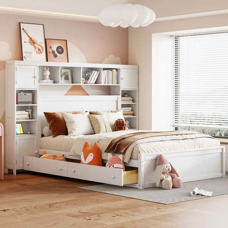 Hubsher Bookcase Platform Storage Bed with Outlets