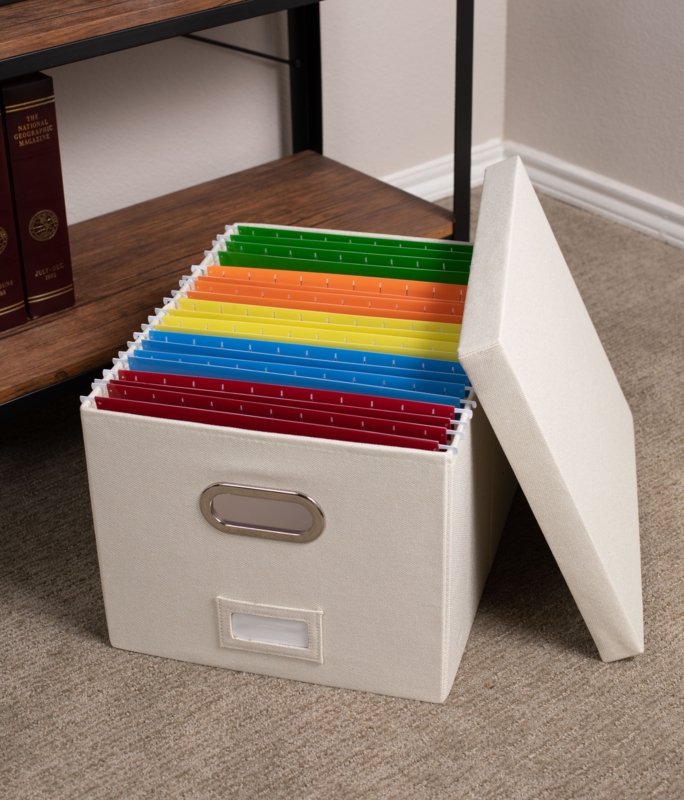 Internet's Best Collapsible File Storage Organizer Box With Lid - Decorative Linen Hanging Filing & Storage Office Box - Letterlegal - Strong Durable - Toys Blankets Binders - Cream - 1 Pack