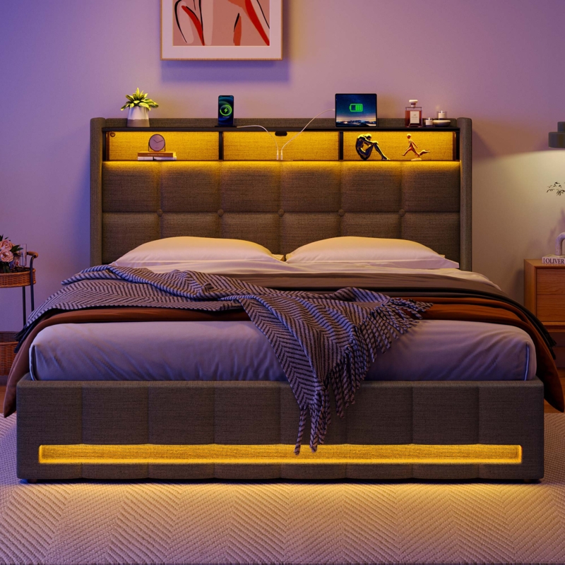 Jilissa Upholstered Bookcase Lift Up Storage Bed with Charging Station and RGB LED Lights