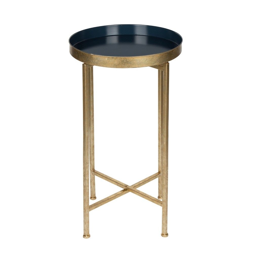 Kate and Laurel Celia Round Metal Tea Table, 14x14x25.75, Gold and Navy Blue