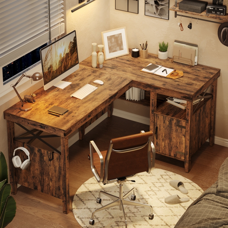 Koopman L-Shaped Home Office Computer Desk with Storage Cabinet, Farmhouse Office Table for Writing Study