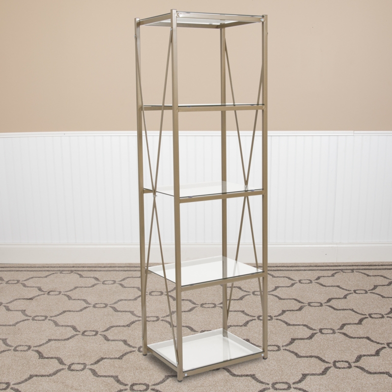 Koster 4 Shelf 64"H Cross Brace Glass Bookcase in Matte Gold - Tempered Glass Shelves