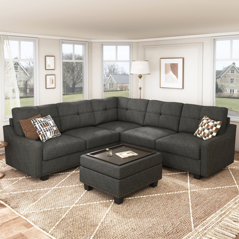 Lark Manor Tufted Corner Sectional Sofa With Storage Tray Ottoman