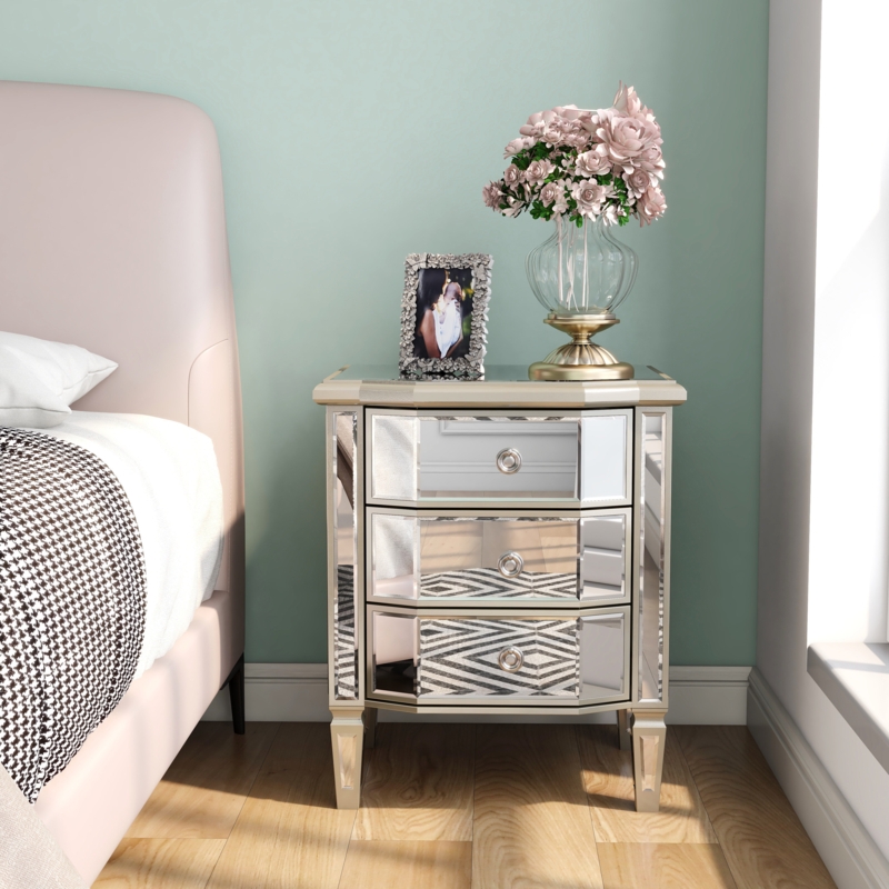Laurine 3-Drawers Mirrored Glass Nightstand Vintage Border