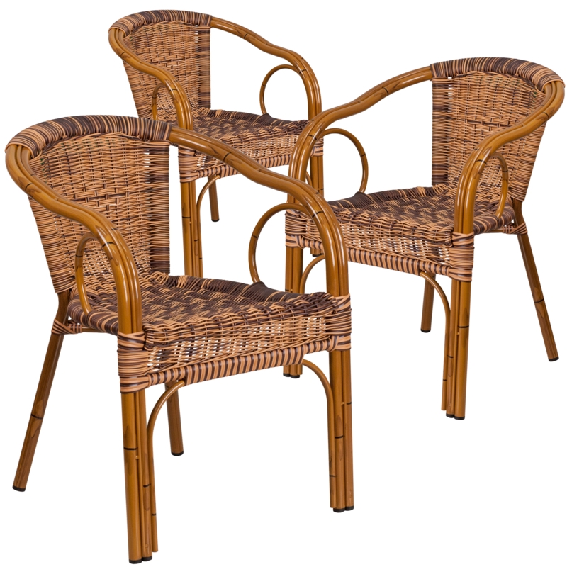 Lila Rattan Restaurant Patio Chair with Bamboo-Aluminum Frame (Set of 3)