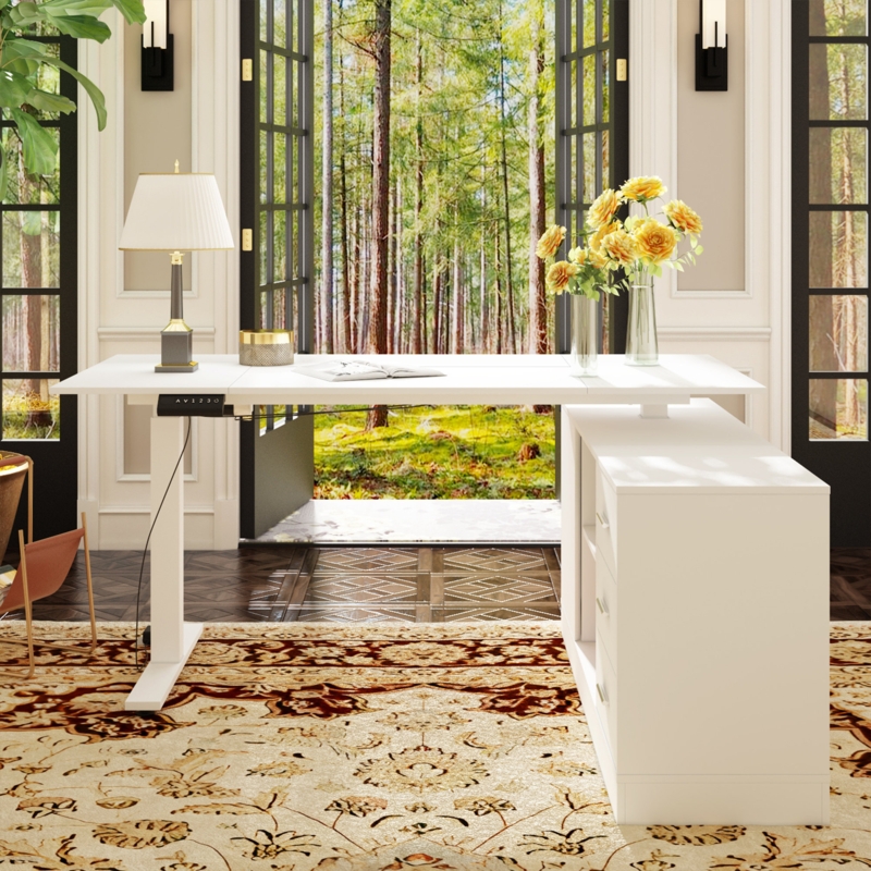 Lorentz 63'' W Height Adjustable L-Shaped Standing Desk with and Cabinet