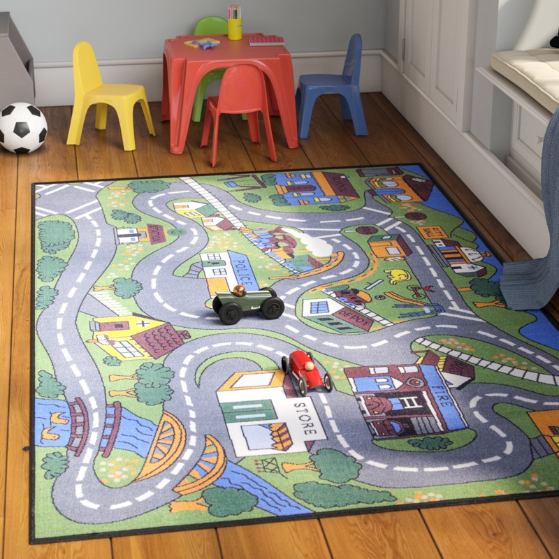 Machine Washable Non-Slip Rubberback Educational Town Traffic Play Kids Bedroom, Playroom Area Rug