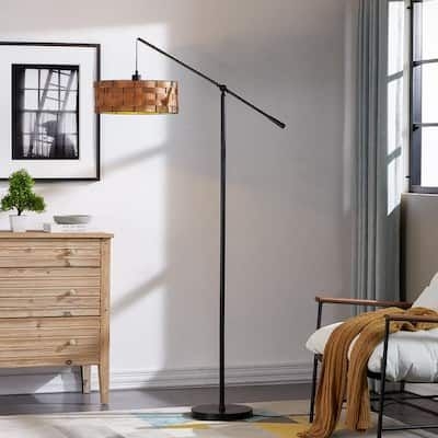 Maxax Chicago 73 in. Black Farmhouse 1-Light Up-Down Swing Arm Floor Lamp with Brown Wood Drum Shade