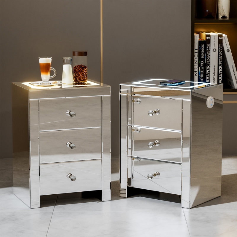 Merrissa Mirrored End Table Set with Wireless Charging and Color-changeable LED Lights