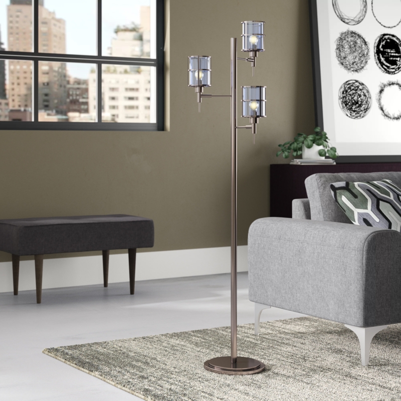 Mertz 68" Modern Floor Lamp with 3 Adjustable Ribbed Glass Shades u0026 Reading Light,  Brushed Nickel