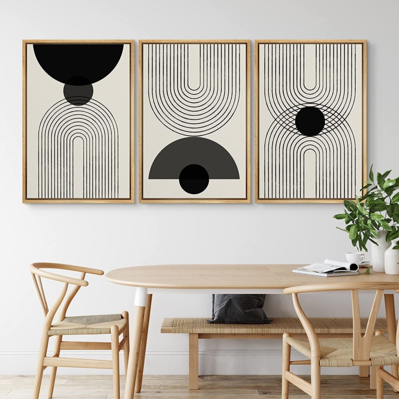 " Mid Century Modern Abstract Wall Art Black Semi-Circle An Line Parabola Framed Art " 3 - Pieces Print on Canvas