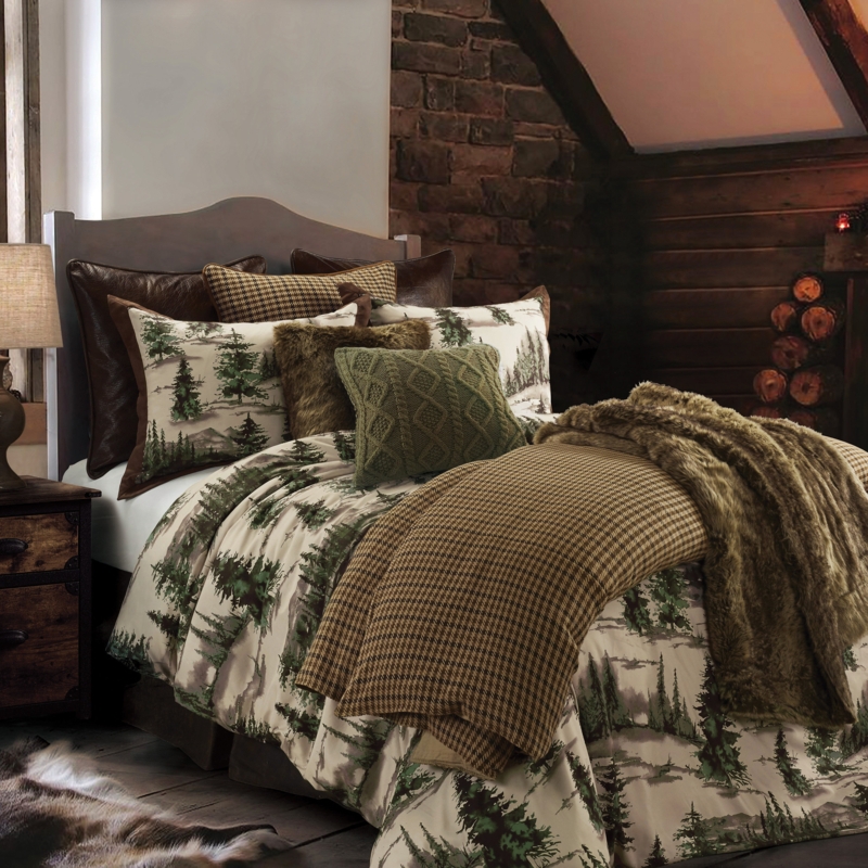 Midway Cream, Green and Brown Pine Tree Print Western Lodge Rustic Cabin Comforter Set