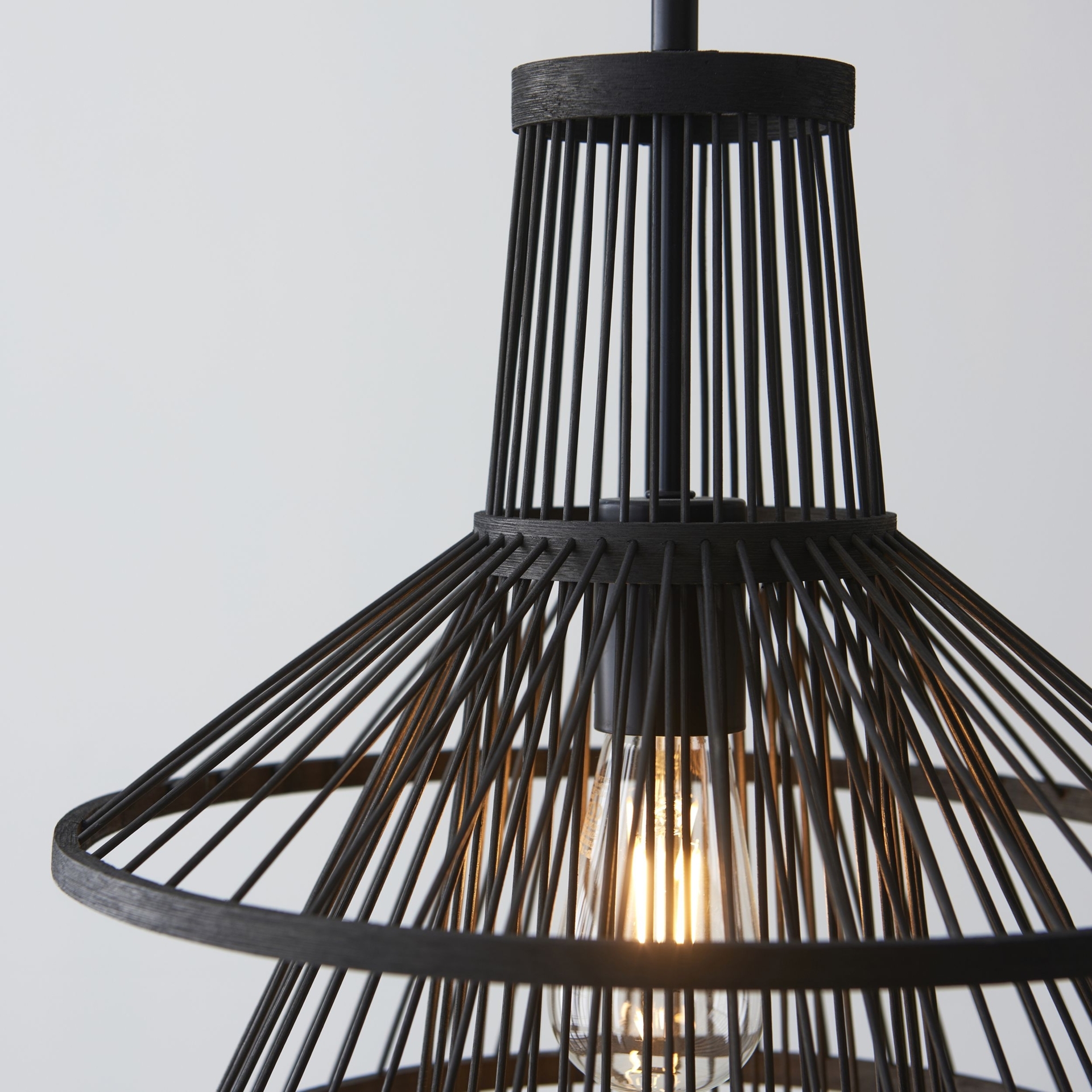 Minato 1 Light E27 Matt Black Adjustable Pendant With Dark Stained Bamboo Open Framework