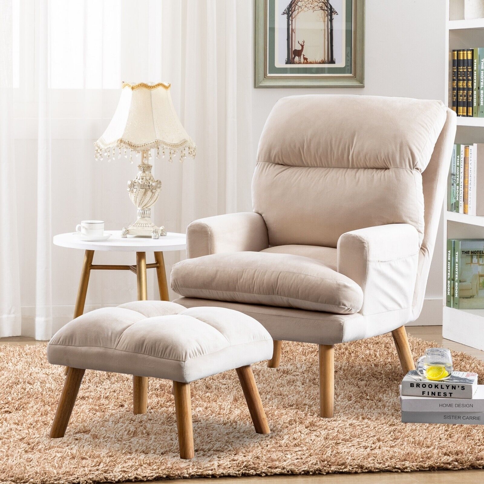 Modern Click Clack Accent Chair With Ottoman Beige Fabric Oak Finish Wooden Legs