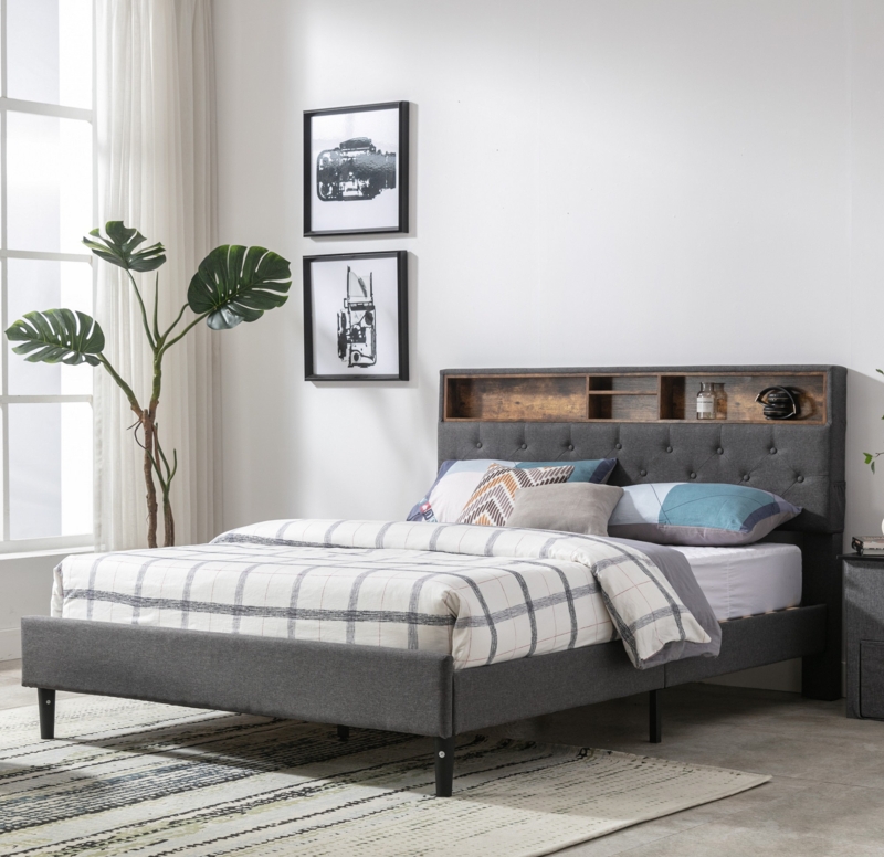 Modern Upholstered Bed Frame with 4 Storage Shelves