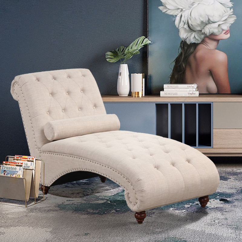 Molinaro Modern Minimalist Button Tufted Wide Upholstered Chaise Lounge with Lumbar Pillow