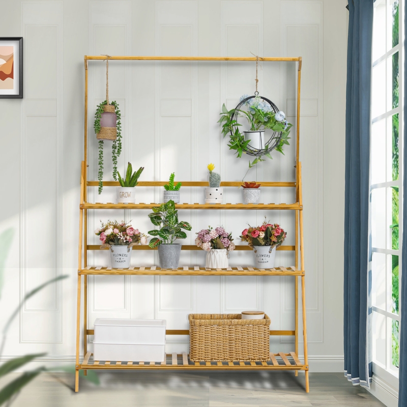 Multilayer Bamboo Wood Plant Stand Triangular Shelving With Hanging Basket