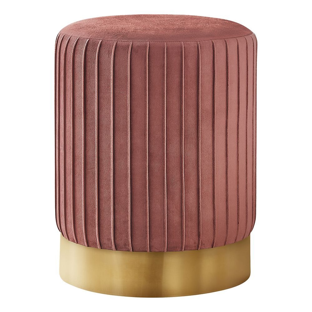 Ottoman - Pleated / Metal Base / Cylindrical Upholstered Pouf - 18"H - Dark Pink Velvet / Gold